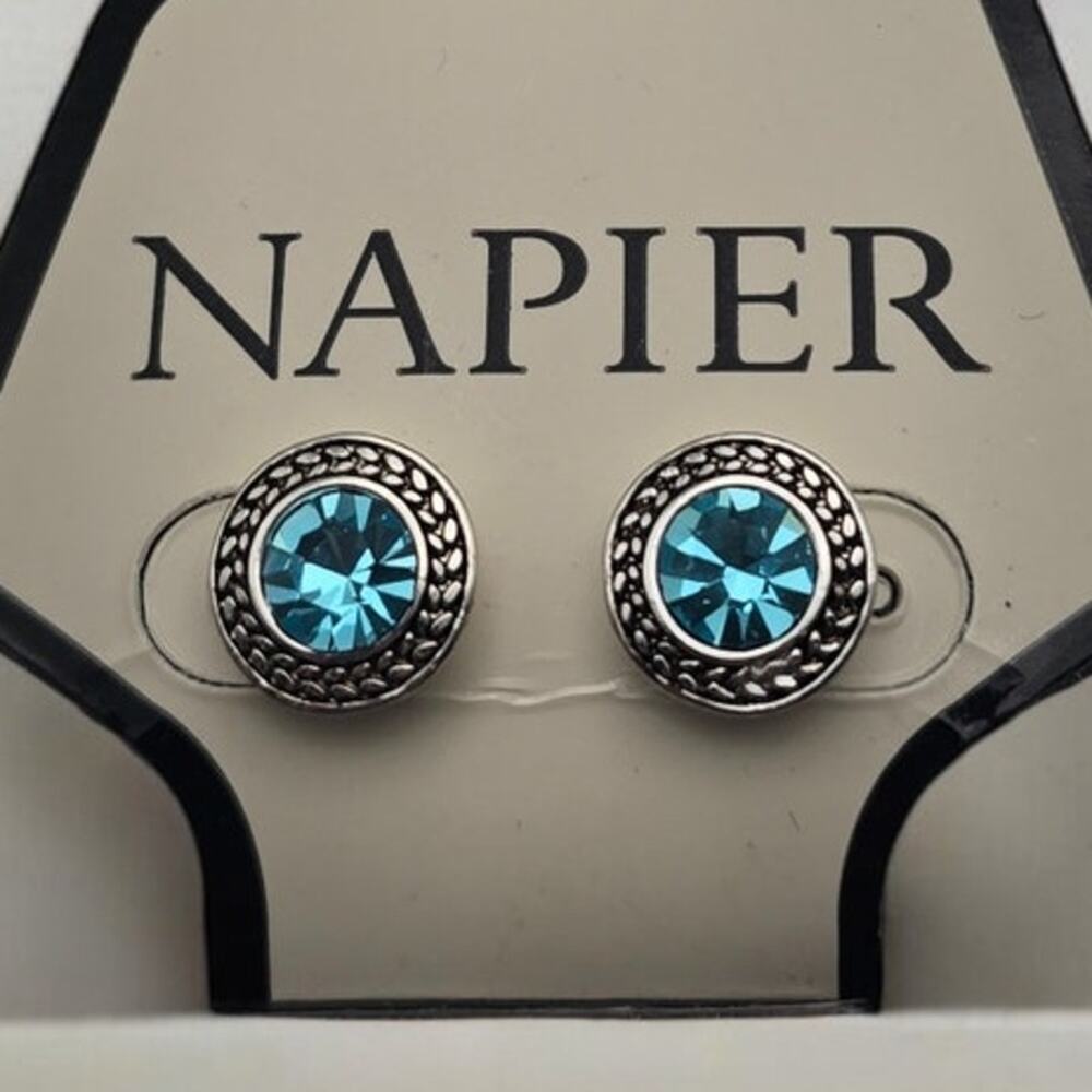 Napier Blue Crystal Stud Earrings Silver Tone Round Halo Classic Minimal Elegant